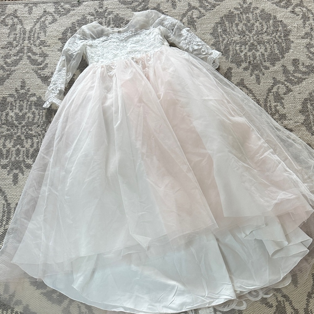 Elegant White and Pink Lace Girls Dress